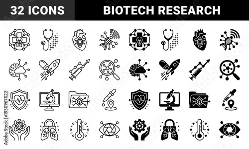 Hybrid medical and biotechnology icons merging clinical symbols with digital data and laboratory research elements for healthcare innovation and science