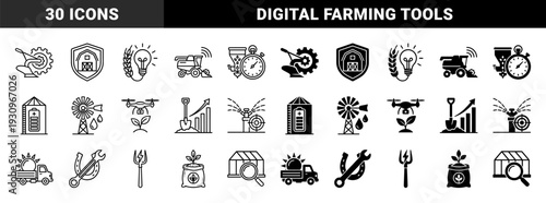 Smart Agriculture Hybrid Symbols Featuring Automated Farming Equipment Combined with Productivity Data and Sustainable Resource Management Graphics