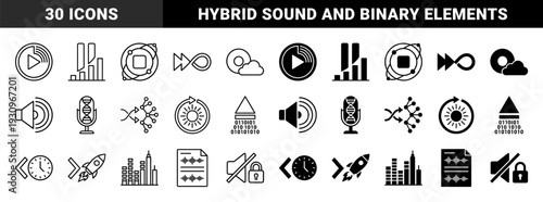 Abstract multimedia and data visualization symbols merging audio waveforms with binary code and orbital planetary paths in linear and solid styles
