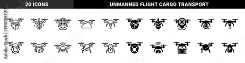 Collection of drone technology symbols merging quadcopters with delivery boxes agriculture wheat logistics hooks and navigation map pin elements