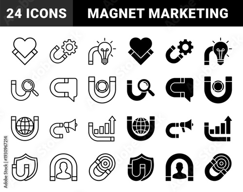 Magnet marketing and customer retention concept symbols featuring hybrid designs of horseshoe magnets merged with business growth and communication metaphors