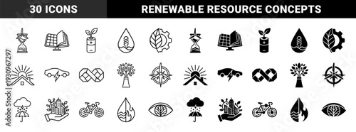 Sustainable energy and eco conservation hybrid symbols featuring wind turbine hourglass solar book battery sprout and green city development concepts