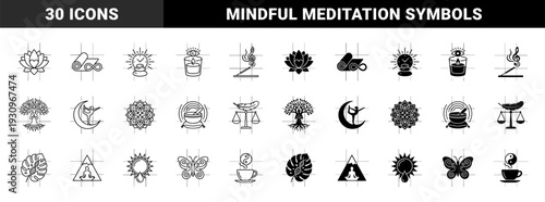 Mindfulness and wellness hybrid symbol collection featuring lotus heart infinity yoga mat sun moon balance scale and meditative tree design elements