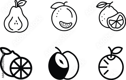 Minimalist Fruit Line Icon Set 6 Black and White Vector Symbols of Pear, Orange, and Citruses Fresh Organic Food Outline Icons Professional Flat Vector Set for Healthy Eating and Grocery Design