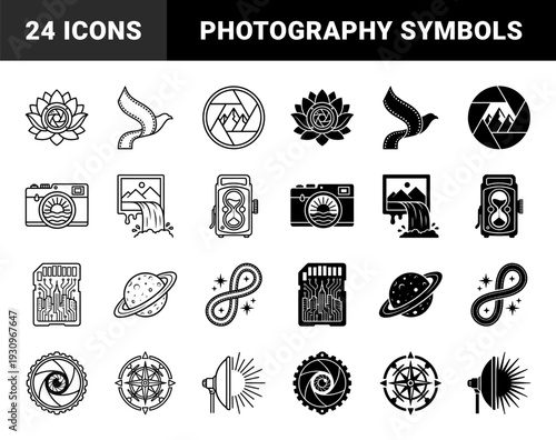 Black and white photography icons merging camera elements with nature and conceptual symbols featuring aperture blades film strips and optical lenses