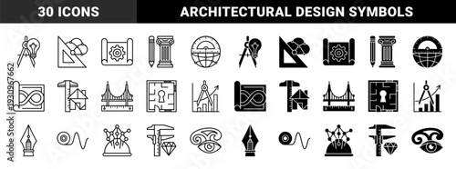 Architectural engineering and creative design hybrid symbols featuring technical drafting tools merged with construction elements and structural planning concepts