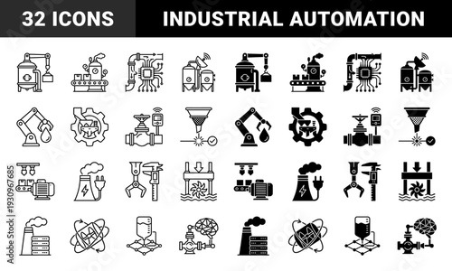 Industrial smart manufacturing and automated process engineering icons featuring hybrid mechanical systems integrated with digital circuit sensors and robotics