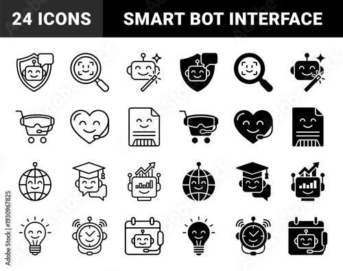 Hybrid artificial intelligence bot avatar collection featuring robotic face integrated with shield magnifier magic wand stethoscope and lightbulb symbols