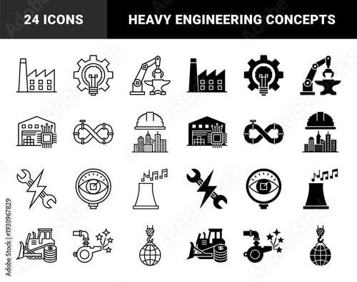 Industrial Manufacturing and Heavy Engineering Symbols Combining Factory Machinery with Financial Growth and Smart Technology Concepts in Line and Solid Styles