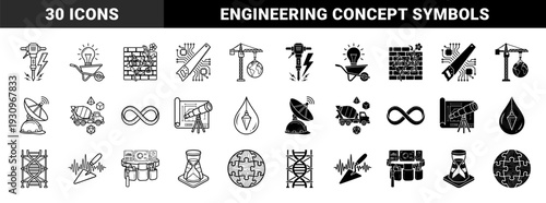 Abstract Construction and Engineering Hybrid Symbols Merging Industrial Tools with Scientific Concepts in Minimalist Line and Solid Silhouette Style