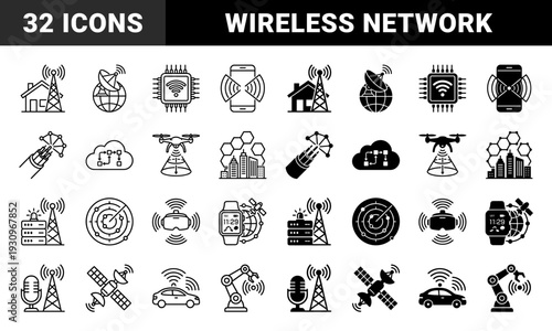 Integrated telecommunication and wireless technology hybrid symbols featuring dual style line and solid versions of network infrastructure and smart devices