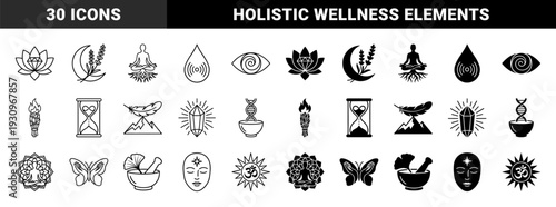 Spiritual wellness hybrid symbols featuring lotus diamond moon lavender and meditating figures with root systems in outline and solid styles
