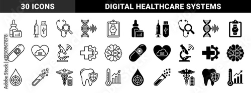 Biomedical engineering and digital healthcare hybrid icons featuring dna soundwaves smart pills neural networks and medical data visualization
