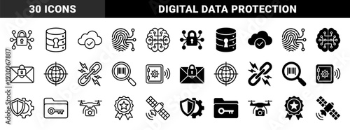 Security and surveillance hybrid icon collection featuring biometric fingerprint data protection cloud storage safety and encrypted communication symbols