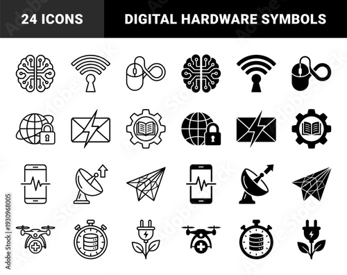 Hybrid technology and digital connectivity symbols merging electronic hardware with organic metaphors in dual outline and solid styles