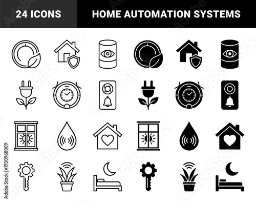 Smart home automation symbols featuring hybrid conceptual designs for sustainable living security energy efficiency and domestic appliance management
