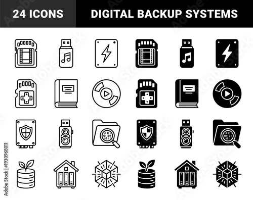 Data storage and digital backup icons featuring hybrid concepts such as memory cards with film strips and server racks integrated into house silhouettes