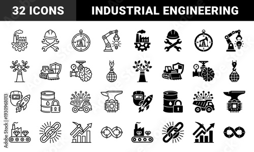 Heavy industrial manufacturing and engineering hybrid symbols featuring factory gear oil rig compass robotic arm and mining growth chart elements