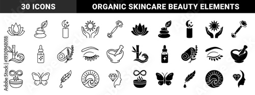 Wellness and Holistic Therapy Symbols Featuring Hybrid Zen Elements with Lotus Flowers Moon Candles and Organic Skincare Graphics in Dual Stroke and Solid Style