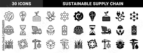 Sustainable industrial manufacturing and green energy logistics symbols featuring hybrid organic elements merged with mechanical gears and shipping containers