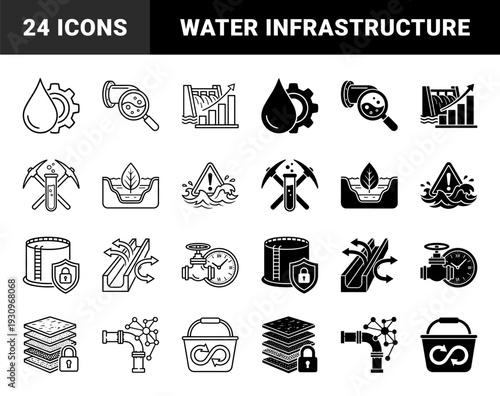 Industrial water management and filtration hybrid symbols featuring pipes with sensors dam monitoring charts and protective gear for resource infrastructure
