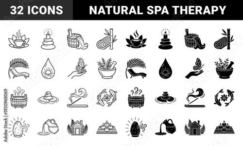 Wellness and Holistic Spa Symbols Combining Natural Elements with Relaxation Therapy Icons in a Dual Stroke and Solid Minimalist Hybrid Style