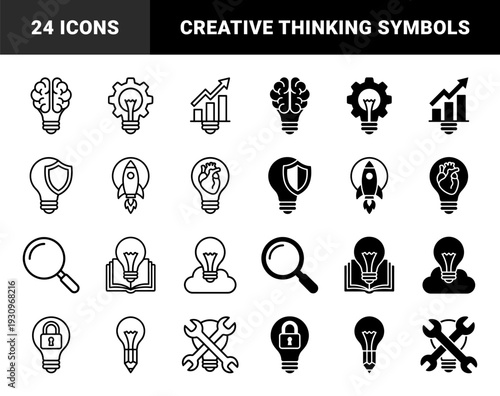 Creative lightbulb hybrid symbols featuring brain gear rocket heart and book metaphors in outline and solid versions for conceptual thinking
