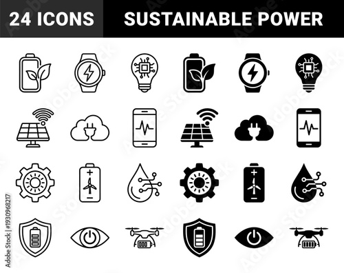Sustainable energy and smart technology hybrid symbols featuring battery leaf integration solar panel connectivity and eco friendly power management