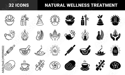 Wellness and holistic therapy icons featuring hybrid designs merging medicinal plants with spa treatment tools such as basalt stone and mortar