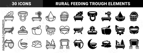 Hybrid agricultural basin symbols merging farming elements like wheat windmill and oak leaf with trough containers in outline and solid styles