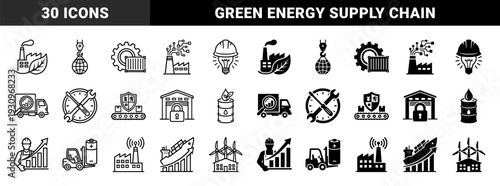 Industrial logistics and sustainable energy hybrid icons featuring factory leaf mergers globe crane hooks cargo container gears and battery forklifts