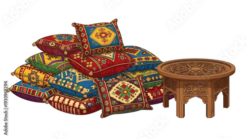 Vibrant Moroccan-style pillows and intricately carved wooden stool in a cozy setting displayed from a front viewpoint