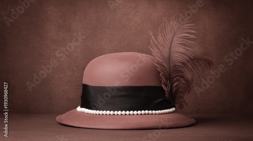 A vintage pink hat adorned with a black ribbon, pearls, and a feather, set against a textured brown background.