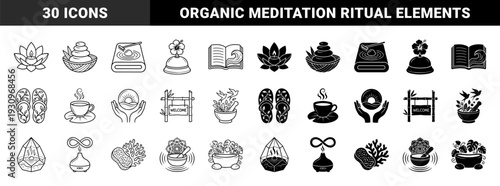 Minimalist Zen Wellness Concept Symbols Combining Nature Elements with Spa Rituals and Holistic Therapy Objects in Dual Line and Silhouette Style