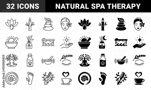 Wellness and holistic therapy hybrid symbols featuring lotus drops bamboo candles herbal medicine and zen meditation practice in outline and solid styles