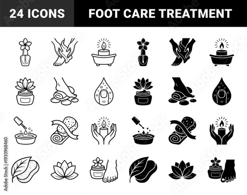 Wellness and pedicure spa hybrid icons featuring lotus flower silhouettes merged with massage stones and aromatic candle flames in dual stroke styles