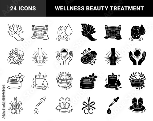 Wellness and spa therapy symbols featuring hybrid designs of lotus feet floral towels aromatic candles and skincare cream in outline and solid styles