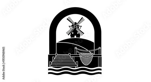 Black and white illustration of a windmill and fishing net.