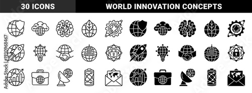 Global business and technology hybrid symbols featuring earth globes merged with circuit brain rocket ship gear and lightbulb concepts in outline and solid styles
