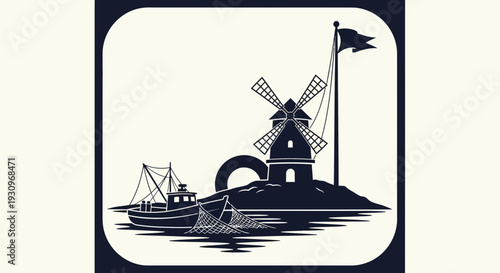 Vintage windmill on island with boats in monochrome illustration.