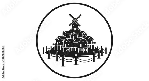 Black and white illustration of a windmill on a hill surrounded by trees and a village below.