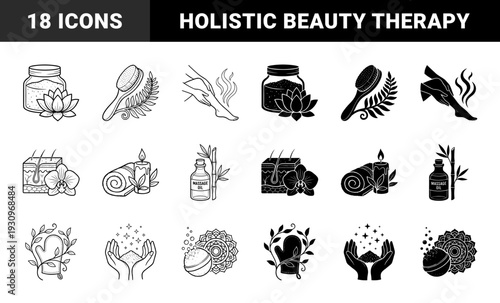 Wellness and holistic spa therapy elements featuring hybrid designs merging skincare science with organic botanical motifs and relaxing beauty treatments