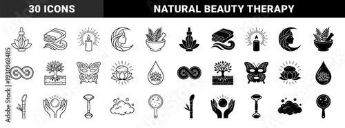 Symmetric wellness and beauty hybrid symbols combining organic elements with luxury spa treatment objects in a dual outline and solid silhouette style