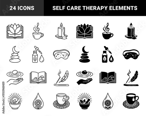 Wellness and Mindfulness Icons Featuring Hybrid Concepts Merging Lotus Books Musical Tea Cups Moon Rocks and Herbal Remedy Symbols in Linear and Solid Styles