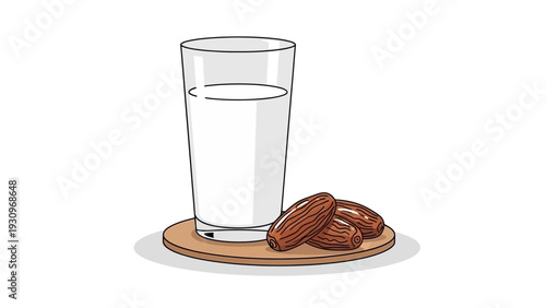 A glass of milk and dates on a wooden coaster viewed from the side on a plain surface