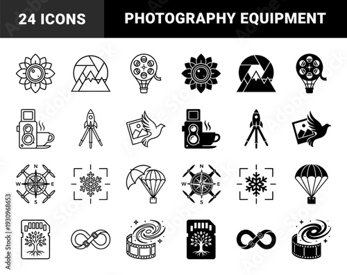 Collection of hybrid photography and cinematography symbols merging camera equipment with nature astronomy and travel elements in outline and solid styles