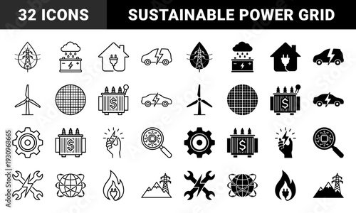 Hybrid Green Energy and Electrical Infrastructure Icons Featuring Power Grid Maintenance Renewable Technology and Sustainable Battery Storage Symbols