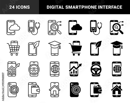Mobile application service icons featuring hybrid smartphone designs merged with cloud computing medical tools shopping carts education and financial symbols