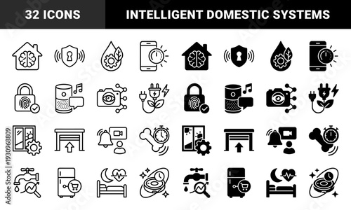 Smart home automation symbols featuring hybrid logic concepts with integrated sensors for energy efficiency security monitoring and appliance control