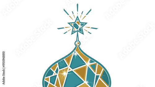 A vibrant stained glass lantern with a star on top shines brightly in a festive environment from a front viewpoint.